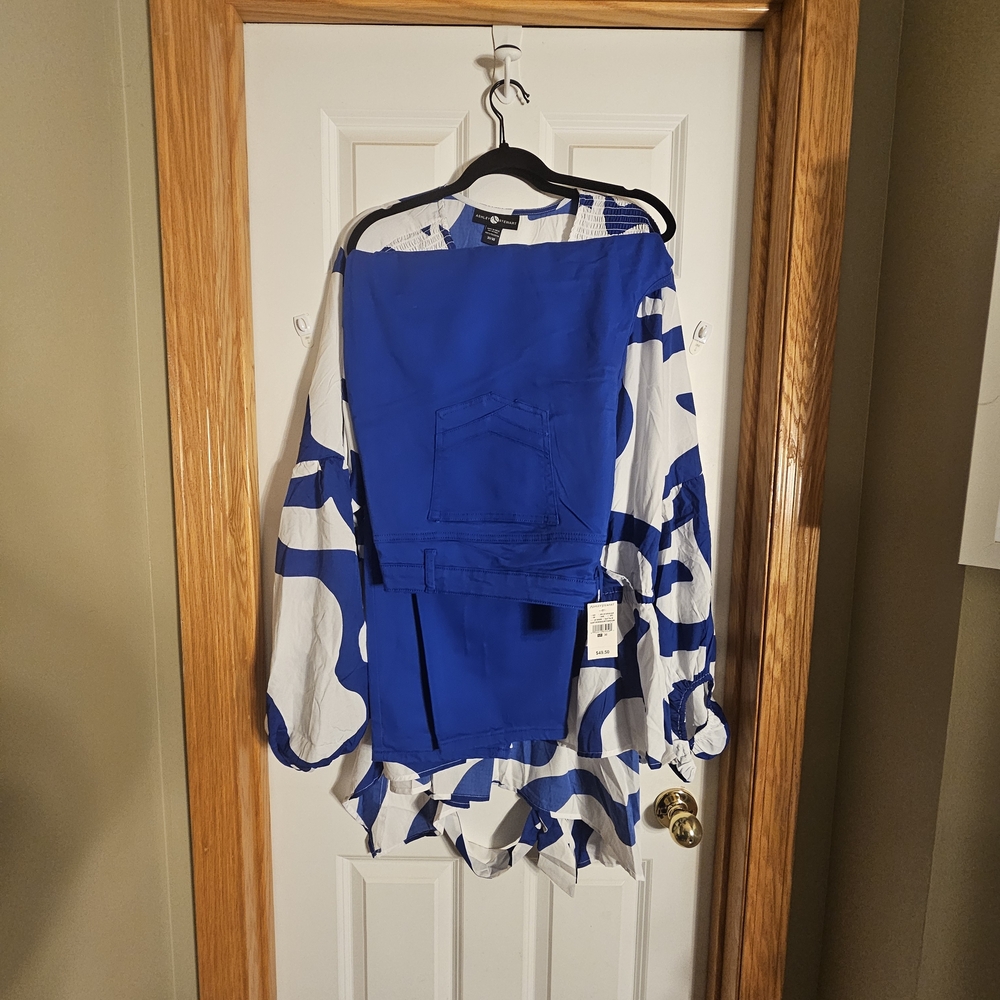 Ashley Stewart Blue and White Blouse with Pants Set